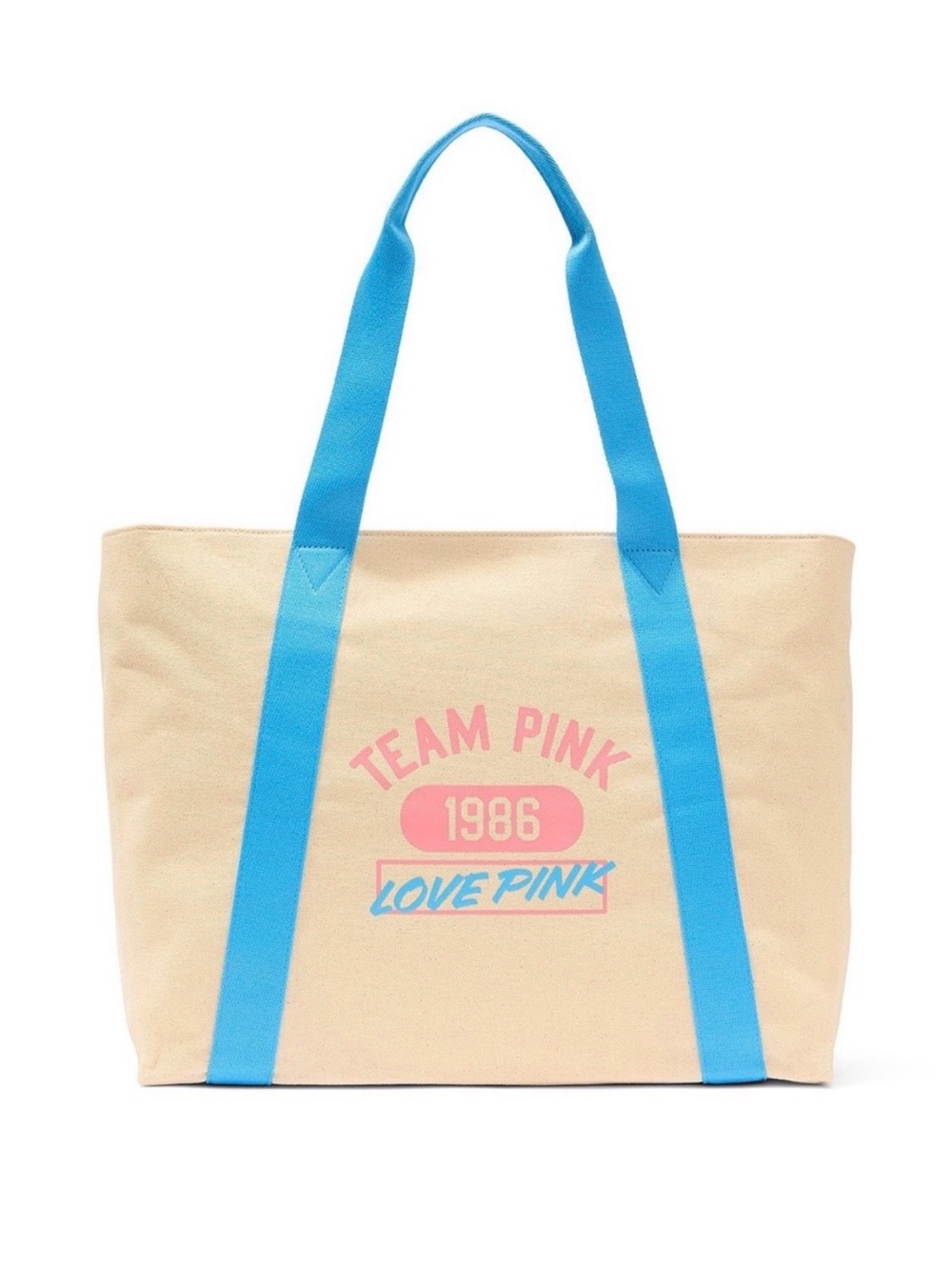 PINK Victoria's Secret Beige Canvas Tote with Bright Blue Straps and Pink Logo